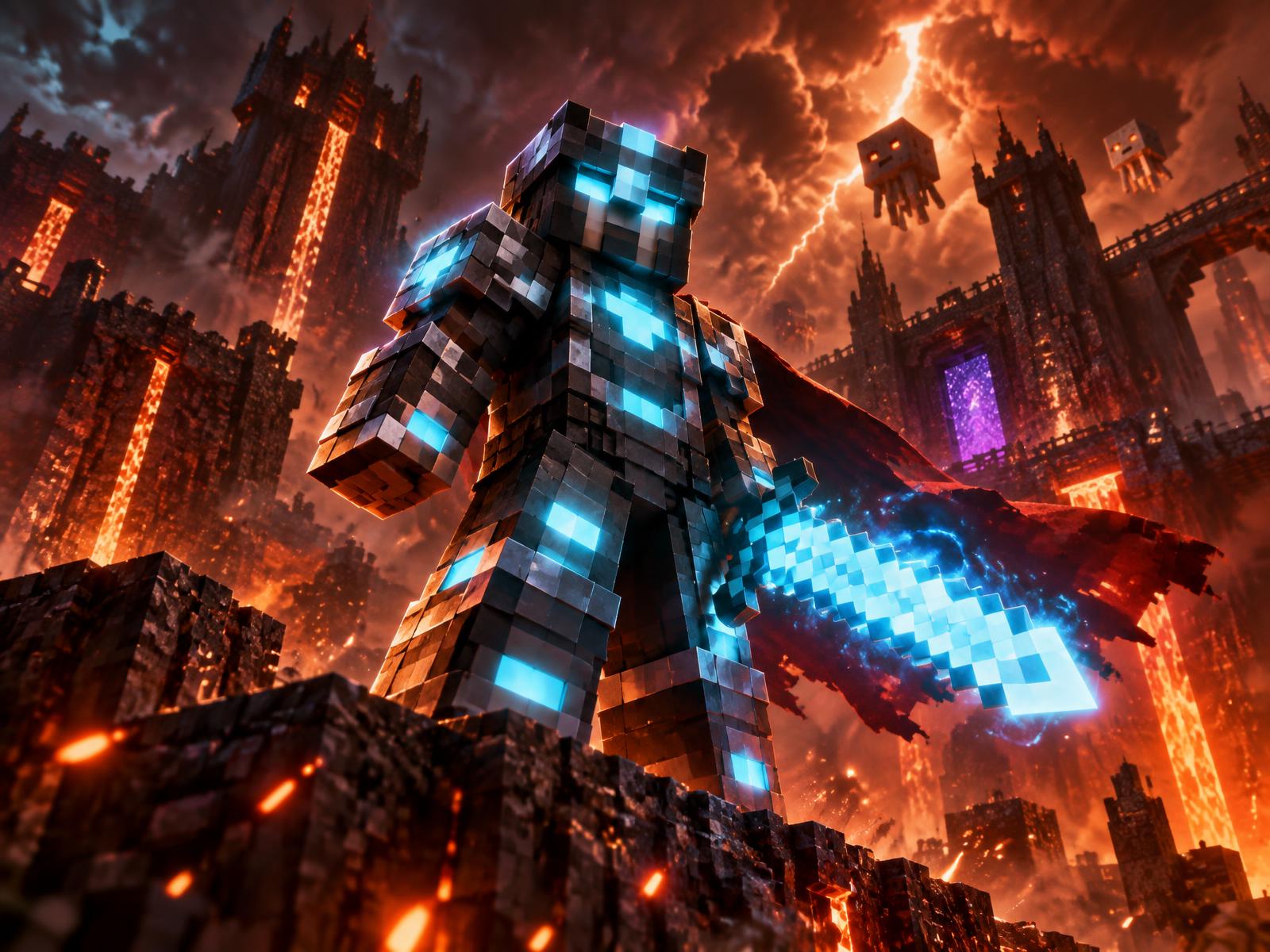 BulletMC warrior in glowing netherite armor with an enchanted diamond sword